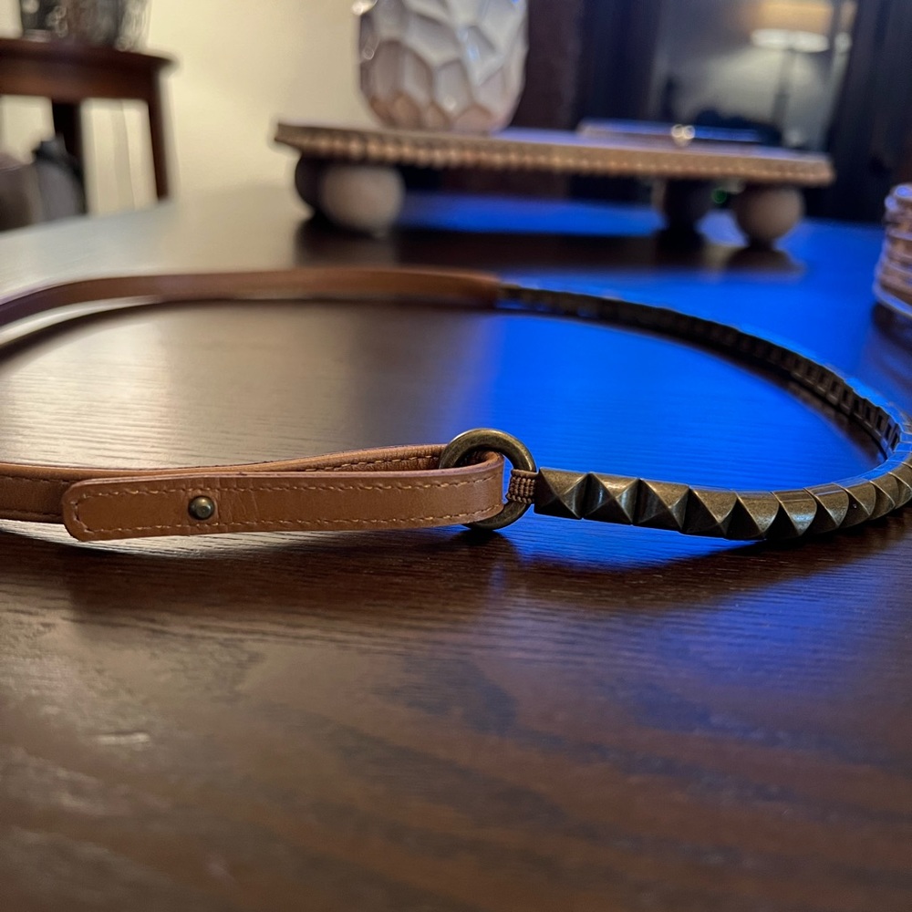 Narrow Cabi Brand Belt with Leather and Antiqued Bronze Metal Studs